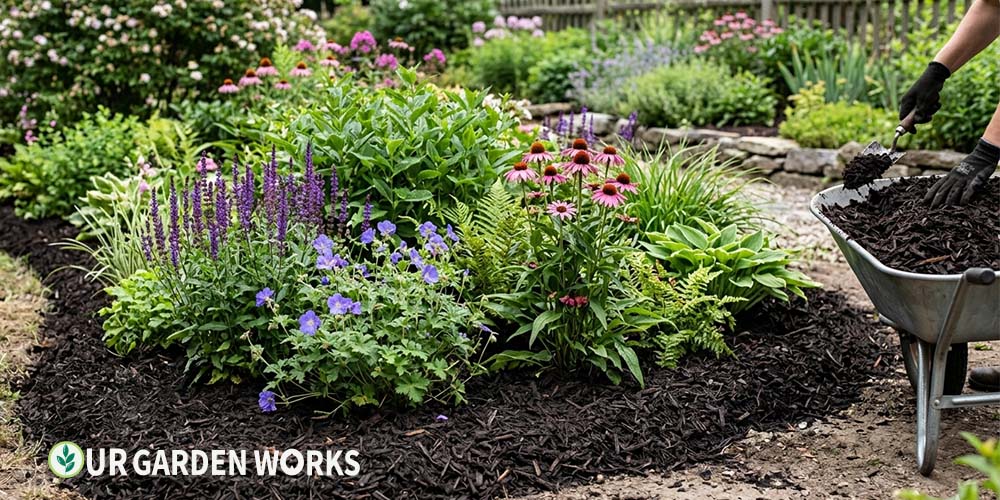Mulch calculator — freshly applied dark bark mulch around garden bed plants