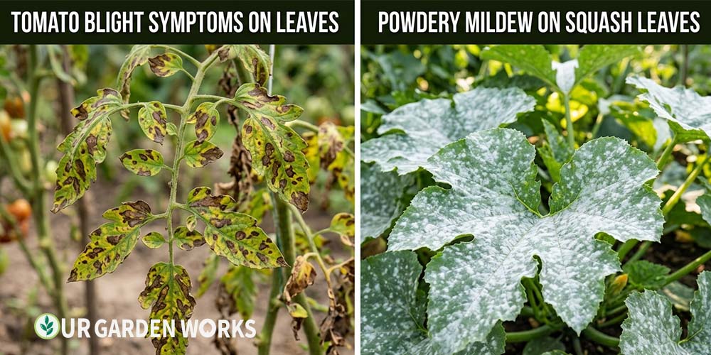 Plant disease identifier — tomato blight and powdery mildew symptoms side by side