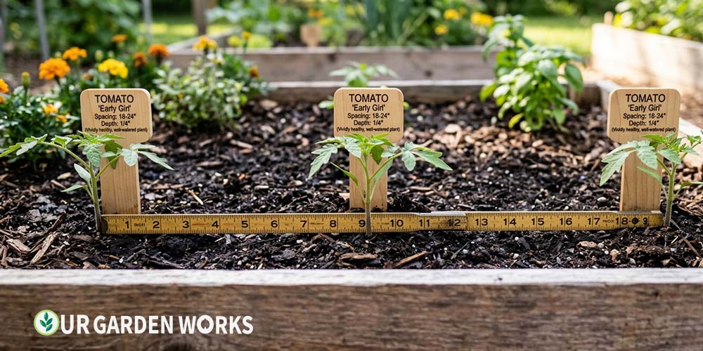 Plant spacing calculator — raised bed with correctly spaced vegetable seedlings