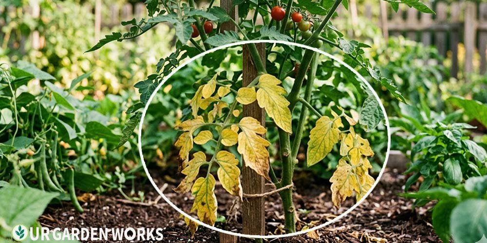 Tomato leaves turning yellow — lower leaves yellowing while upper growth remains green