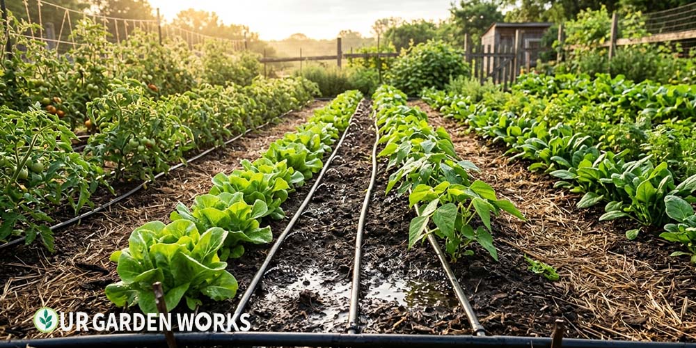 Garden watering calculator — drip irrigation running in a summer vegetable garden
