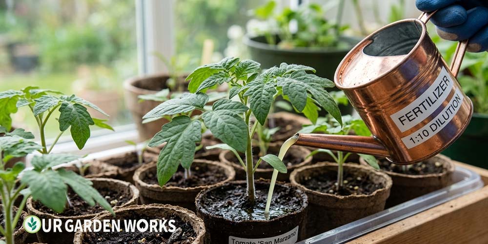 When to fertilize seedlings — healthy tomato seedlings with true leaves being fed diluted liquid fertilizer at correct stage
