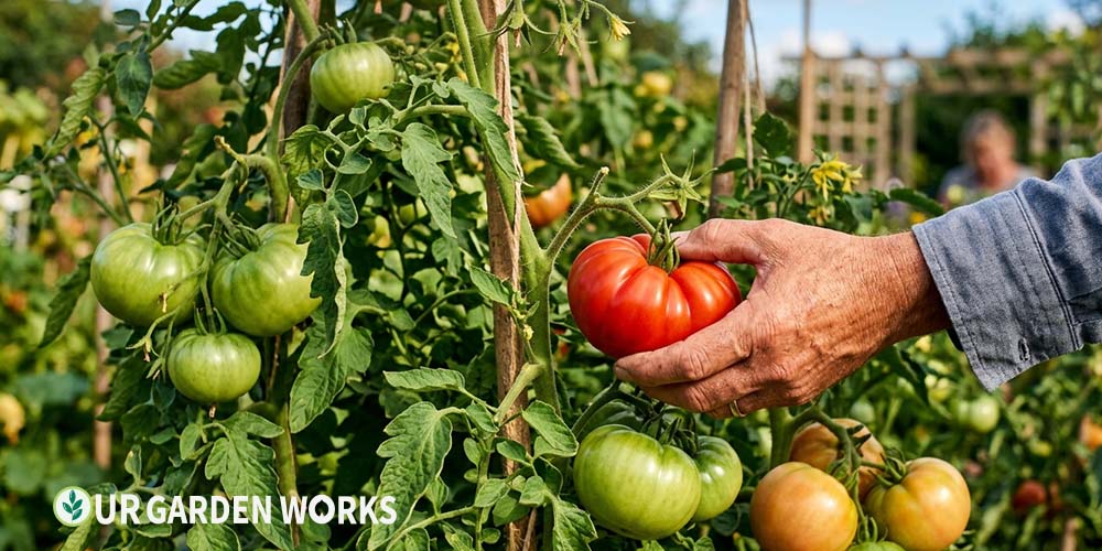 When to pick tomatoes — hand harvesting ripe red tomato from vine with others at various stages