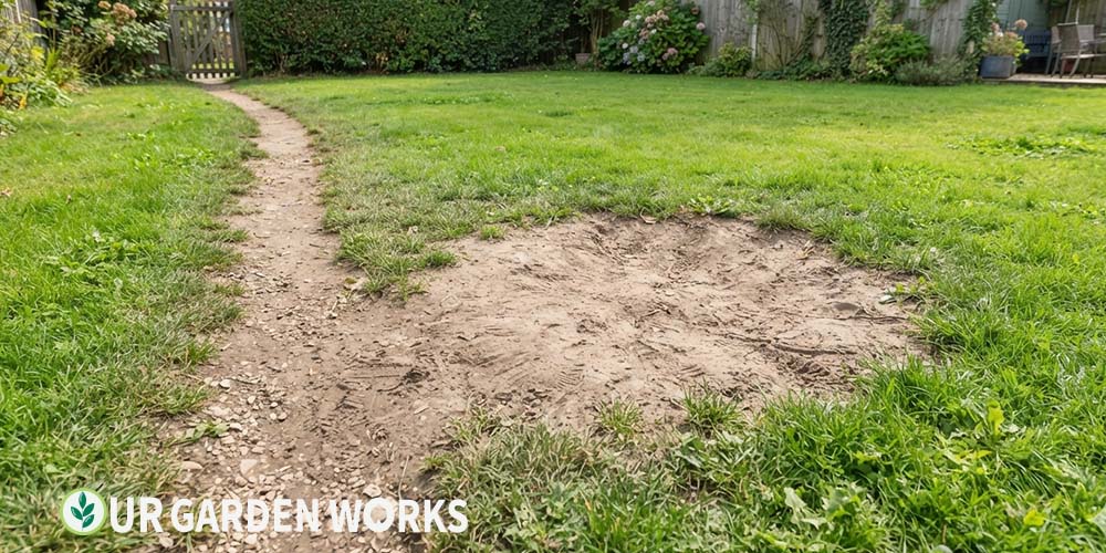 Bare spot in lawn that won't grow grass, located along a worn foot path