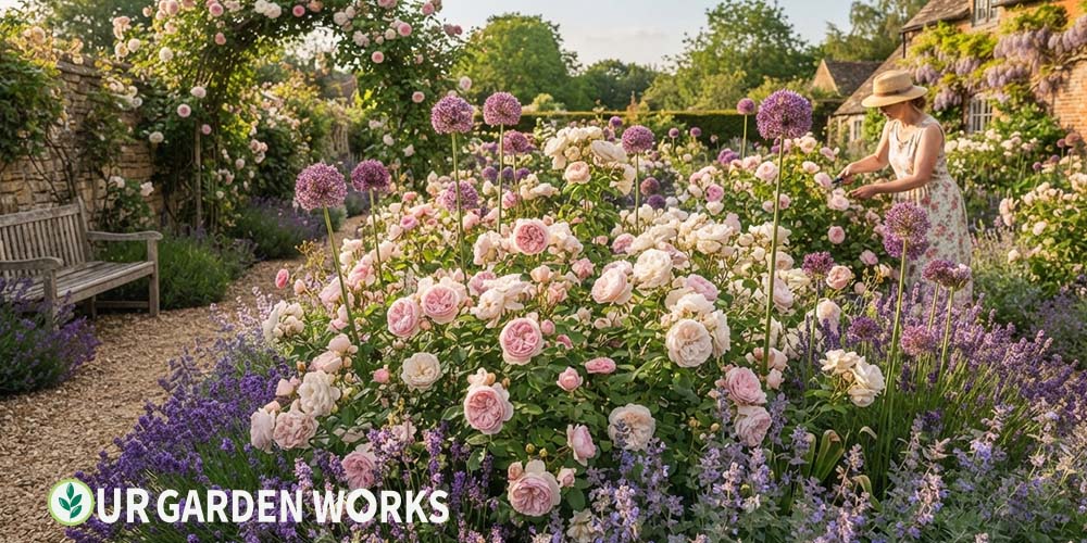 Best companion plants for roses — rose garden with lavender catmint and alliums growing together