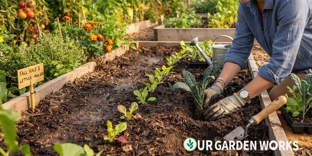 Best fall vegetables to plant in August — seedlings going into a garden bed for autumn harvest