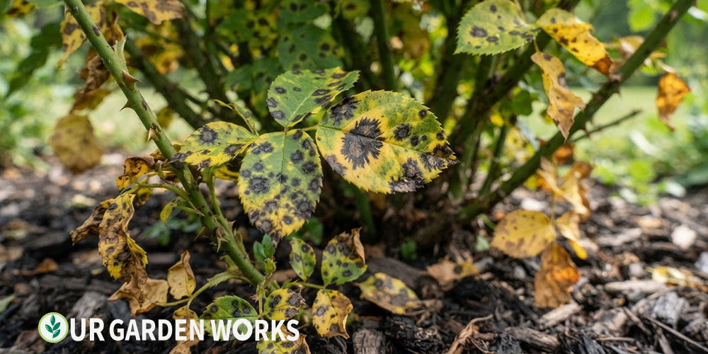 Black spot disease on rose leaves — circular black spots with yellow halos
