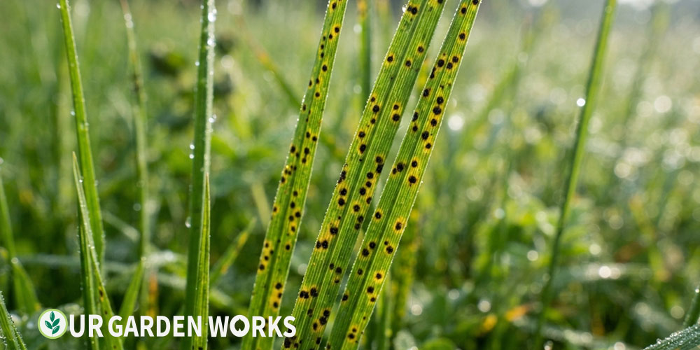 Black spots on grass blades — fungal leaf spot disease pattern