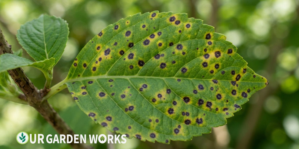 Black spots on hydrangea leaves — Cercospora leaf spot pattern
