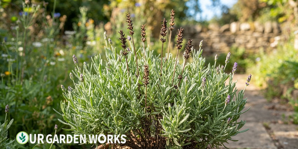 Brown tips on lavender plant — dieback at stem tips on an otherwise healthy plant