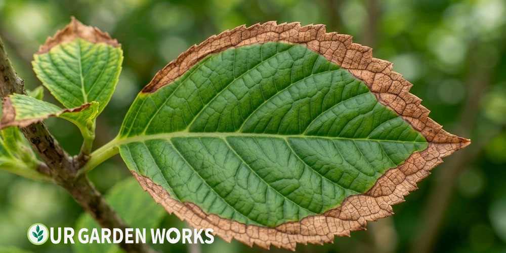 Brown edges on hydrangea leaves — crispy margin browning from water stress