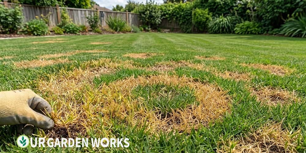 Brown patches in lawn — multiple irregular dead grass patches
