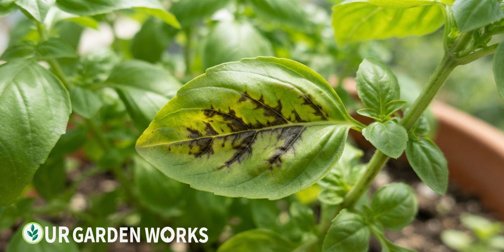Brown spots on basil leaves — downy mildew or bacterial leaf spot pattern