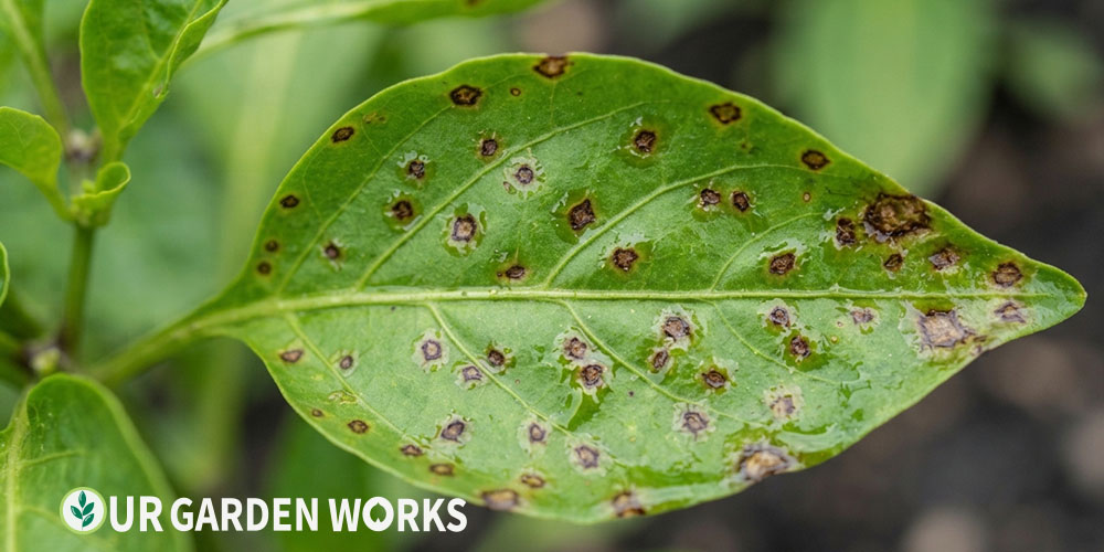 Brown spots on pepper leaves — bacterial spot lesion pattern