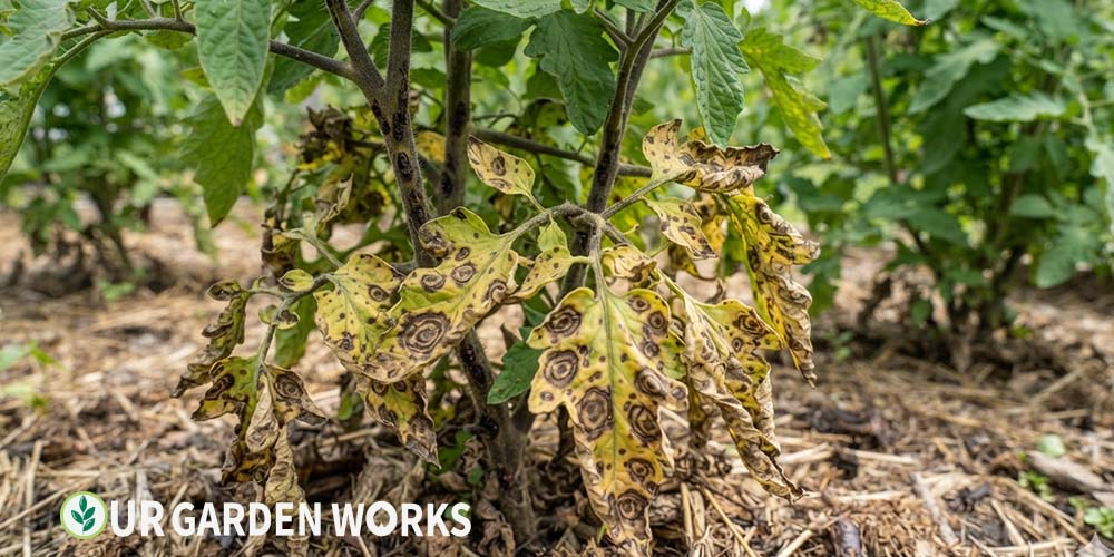 Brown spots on tomato leaves — early blight target spot pattern on lower foliage