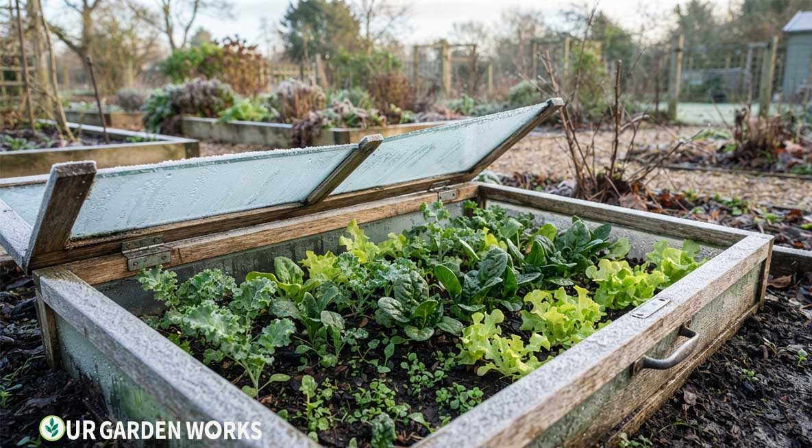 Cold-hardy vegetables in a cold frame in early spring before last frost