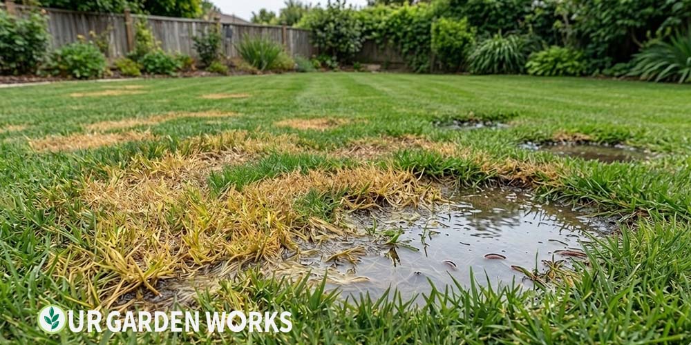 Dead patches in lawn after rain — waterlogged low area with dying grass