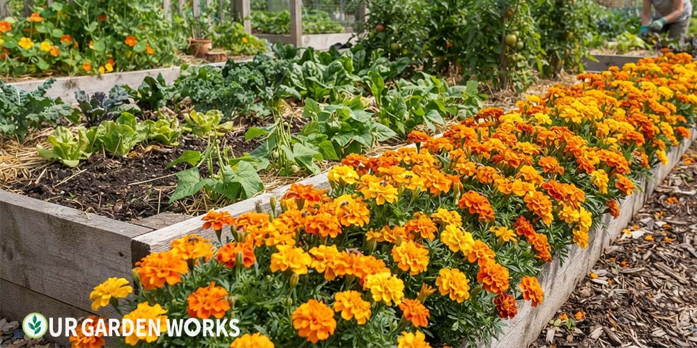 Do marigolds repel pests — marigold border planted along a vegetable garden