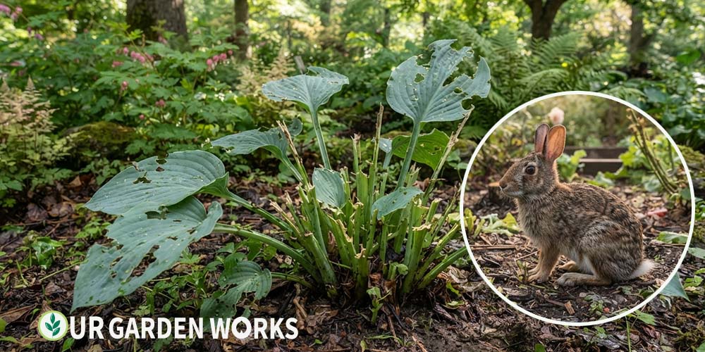 Do rabbits eat hostas — hosta plant with rabbit damage showing eaten leaves and nibbled stems close to the ground