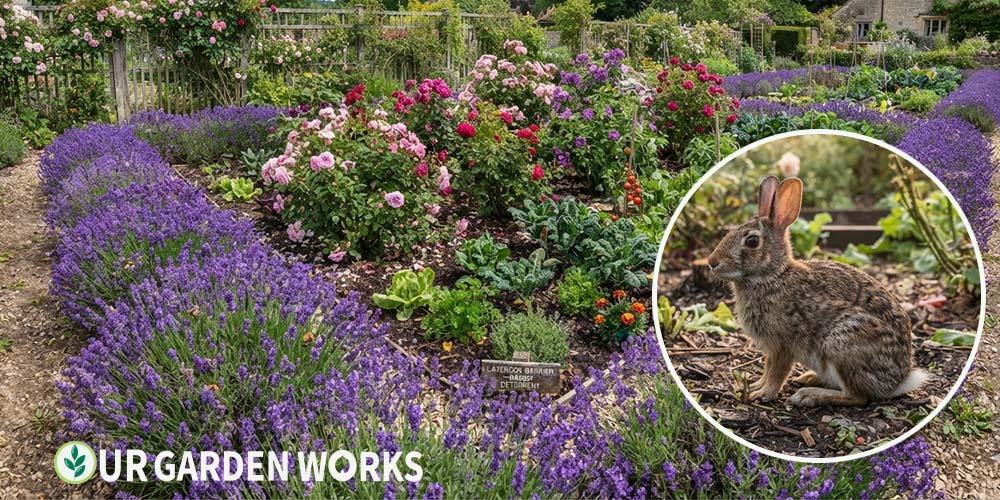 Do rabbits eat lavender — lavender border planting surrounding a vegetable garden as a natural rabbit deterrent