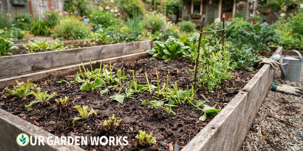 Do rabbits eat vegetable gardens — raised bed vegetable garden with rabbit damage showing eaten lettuce and clipped bean seedlings