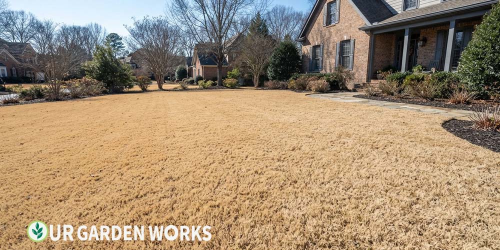 Dormant yellow-tan lawn in winter, normal seasonal coloring