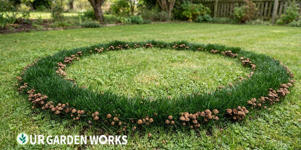 Fairy ring in lawn — dark green circular band with mushrooms at the edge