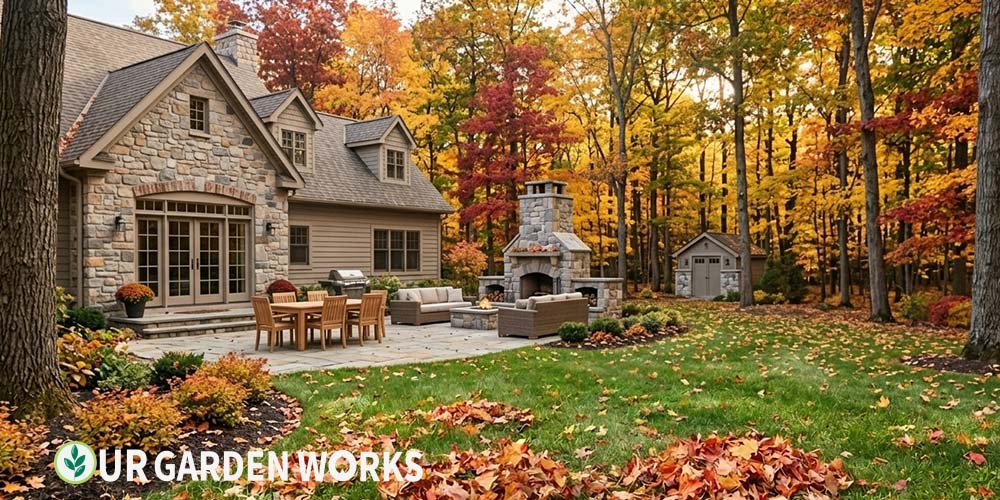 Fall lawn care calendar — raking leaves off a lawn in preparation for winter