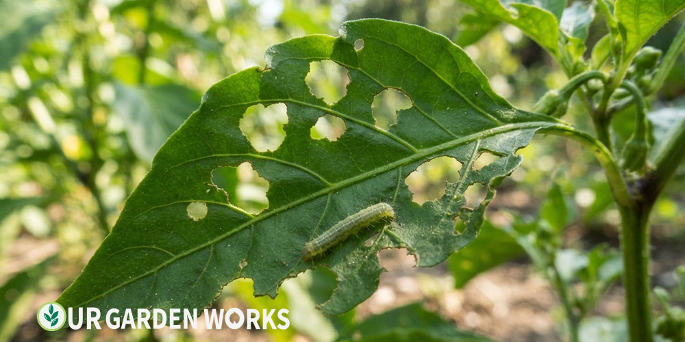Holes in pepper leaves — chewed irregular holes from caterpillar feeding