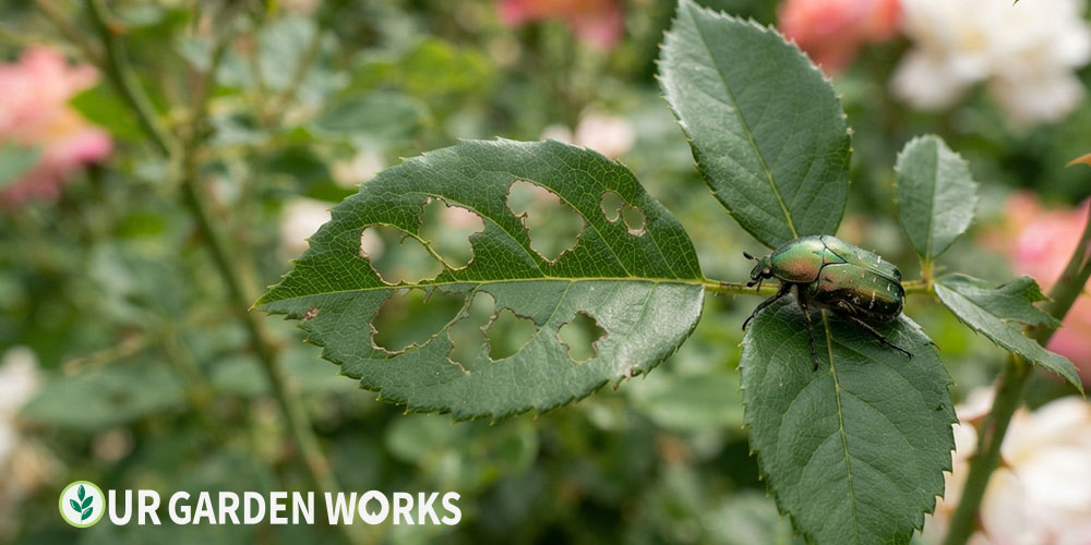 Holes in rose leaves — irregular chewed holes from a leaf-eating pest