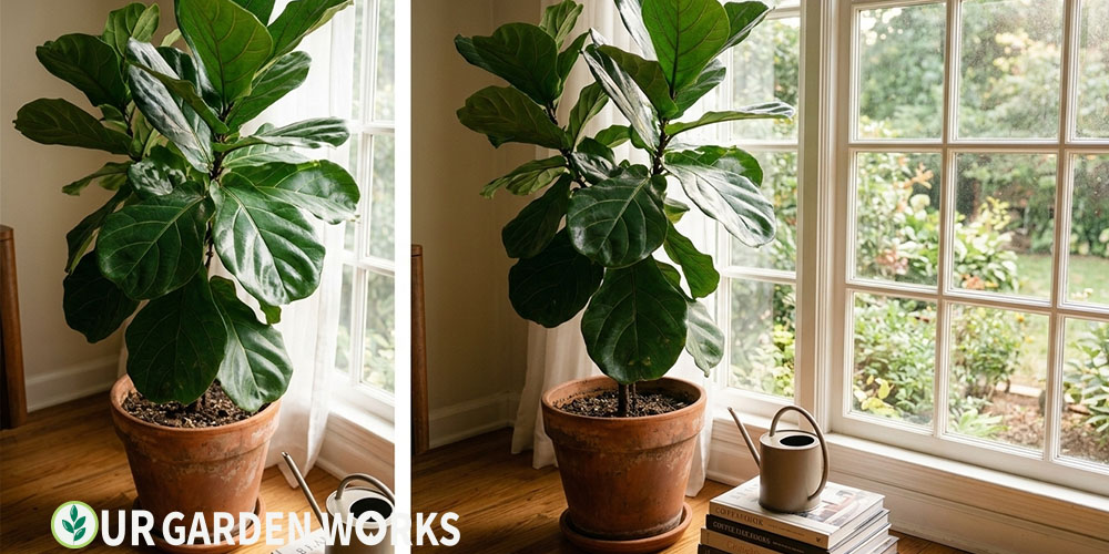 How to care for a fiddle leaf fig — healthy plant with large glossy leaves in bright indirect light