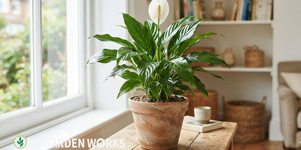 How to care for a peace lily — healthy plant with white flower in bright indirect light
