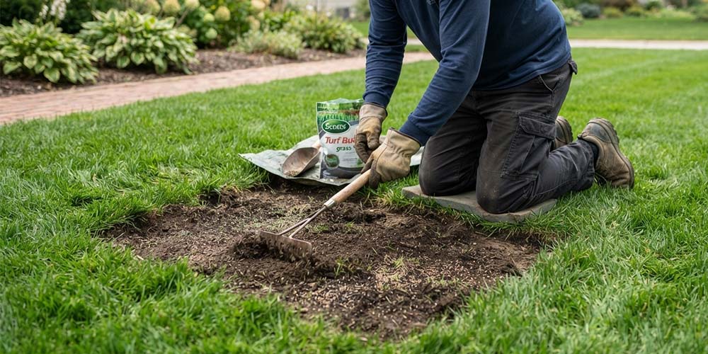 How to fix bare patches in a lawn — preparing soil and seeding a bare spot step by step