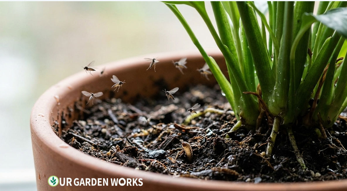 How to get rid of fungus gnats — gnats hovering over moist potting soil