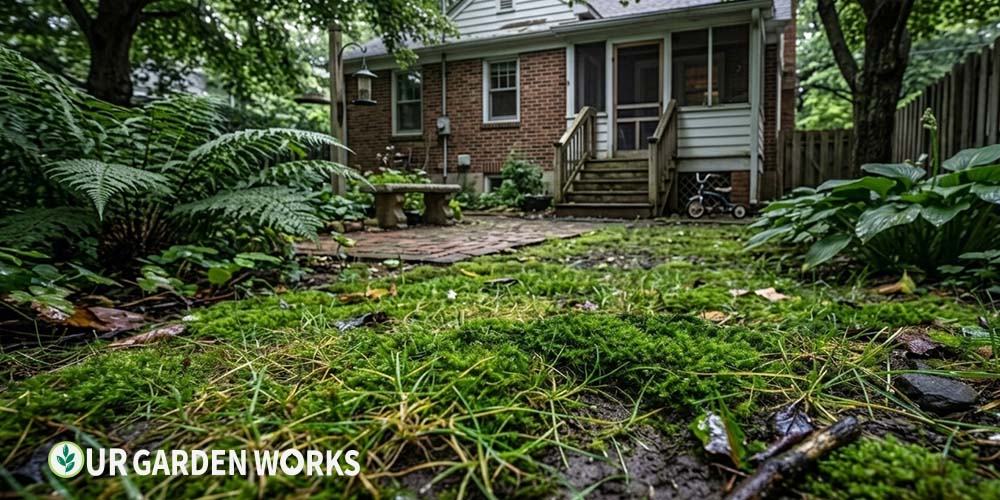 How to get rid of moss in your lawn — moss spreading across thin grass in shade