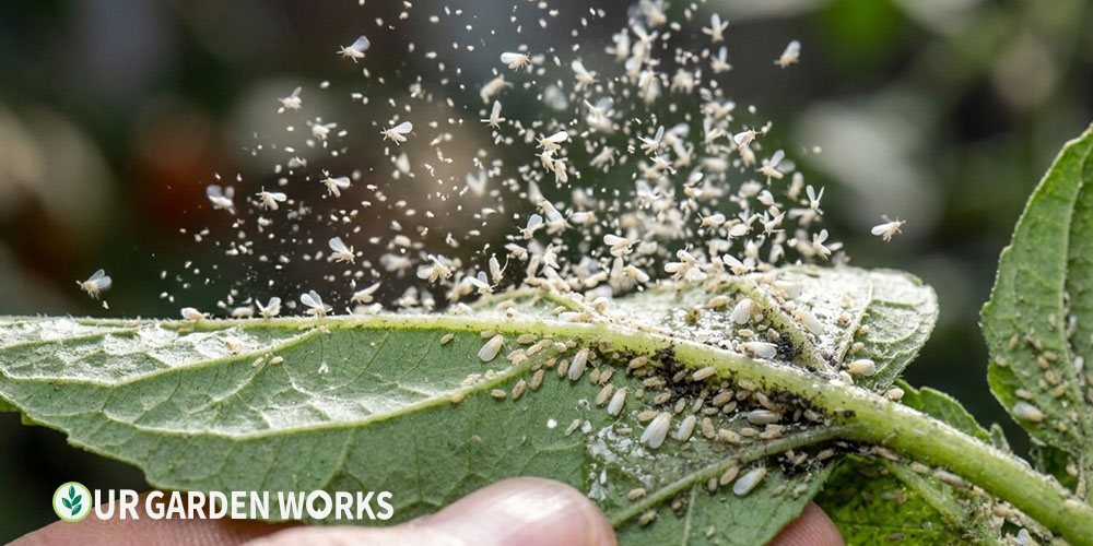 How to get rid of whiteflies — whiteflies rising from a disturbed leaf underside