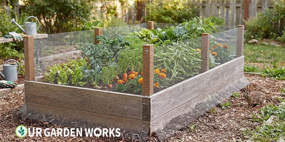 How to keep rabbits out of your garden — hardware cloth fence protecting a raised vegetable bed from rabbits