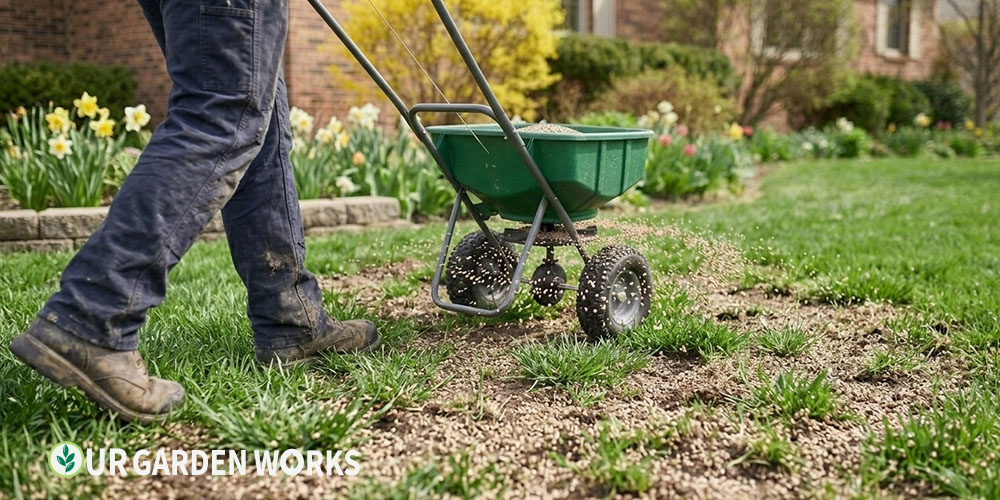 How to overseed a lawn — spreader applying seed over existing thin turf