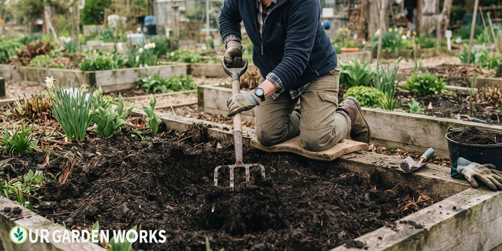 How to prepare garden beds for spring — gardener working compost into a raised garden bed