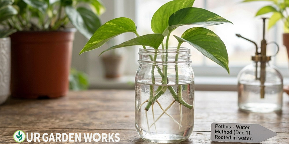 How to propagate pothos — cuttings rooting in water with visible roots