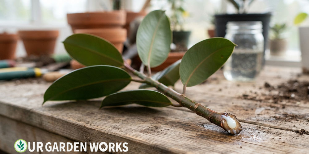 How to propagate rubber plant — stem cutting with milky sap drying before rooting