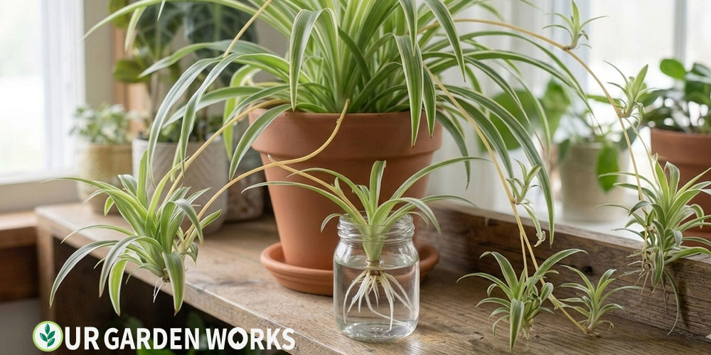 How to propagate spider plant pups — pups on runners with one rooting in water