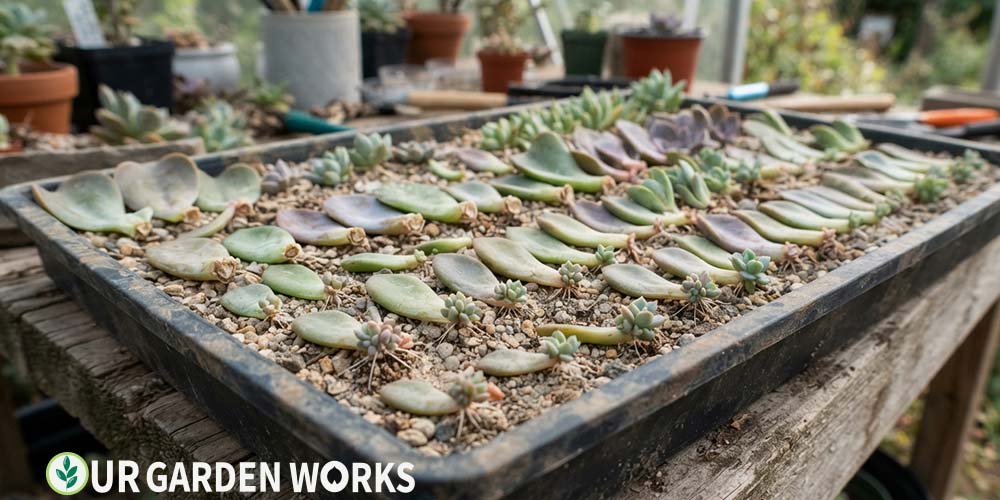 How to propagate succulents — leaf cuttings calloused and forming new rosettes