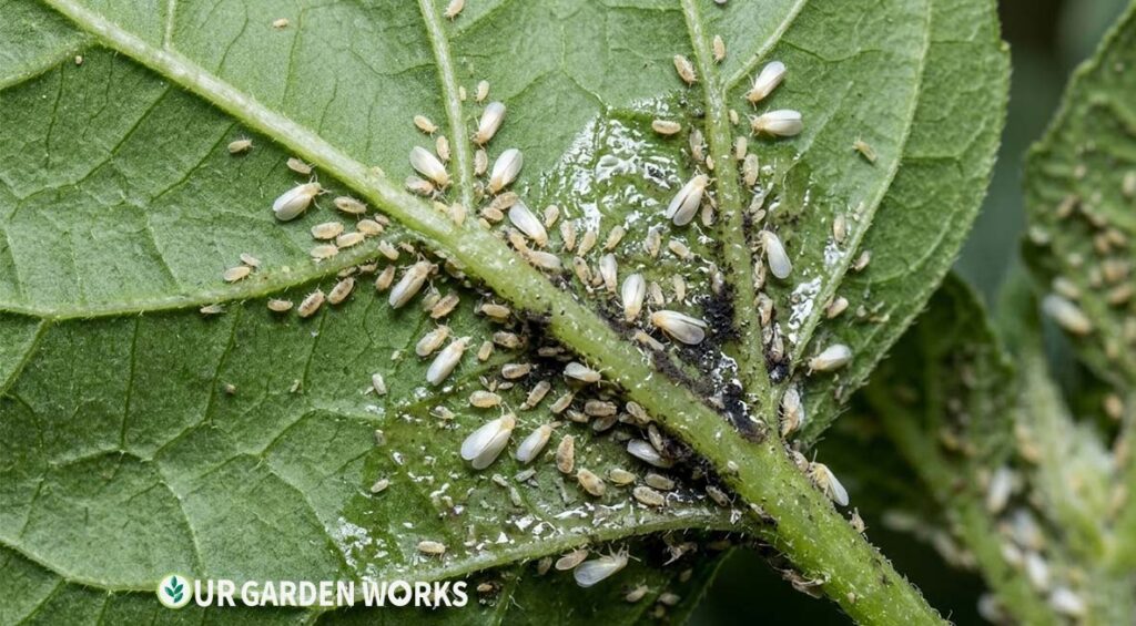 How to Get Rid of Whiteflies - whiteflies and their pale, oval-shaped nymphs cluster there