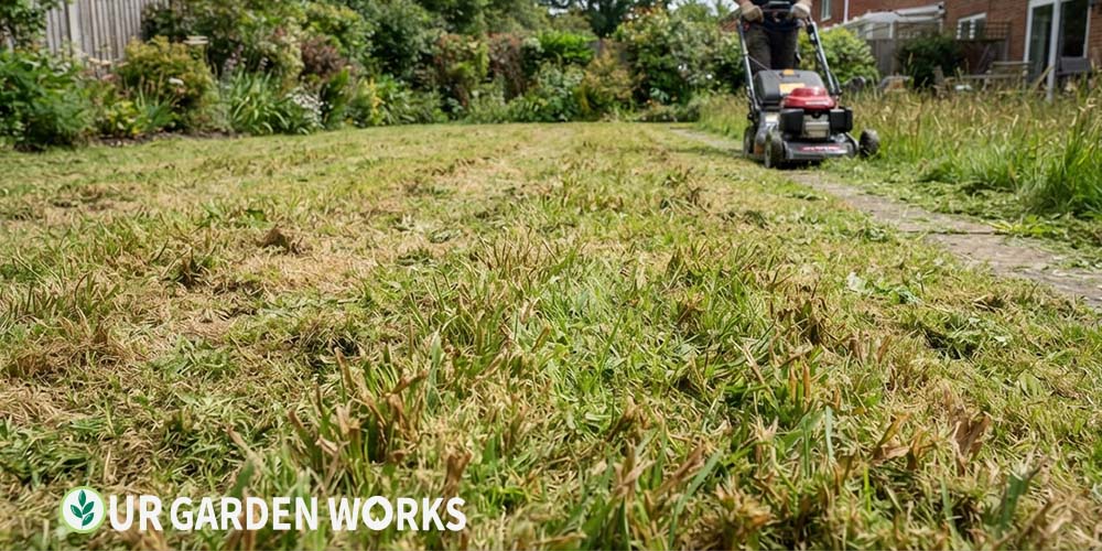 Lawn turning brown after mowing — frayed grass tips from dull blades