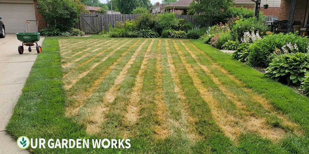Lawn turning yellow after fertilizing — striped fertilizer burn pattern