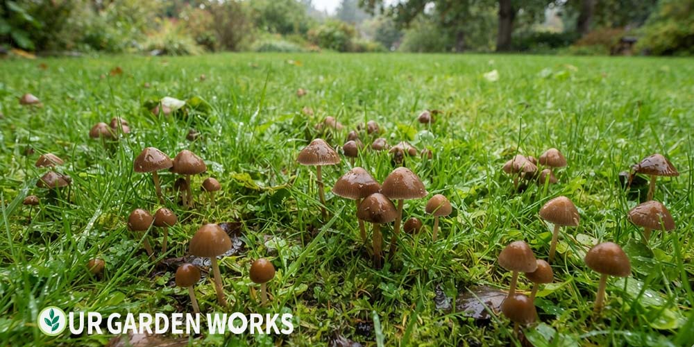 Mushrooms growing in lawn after rain