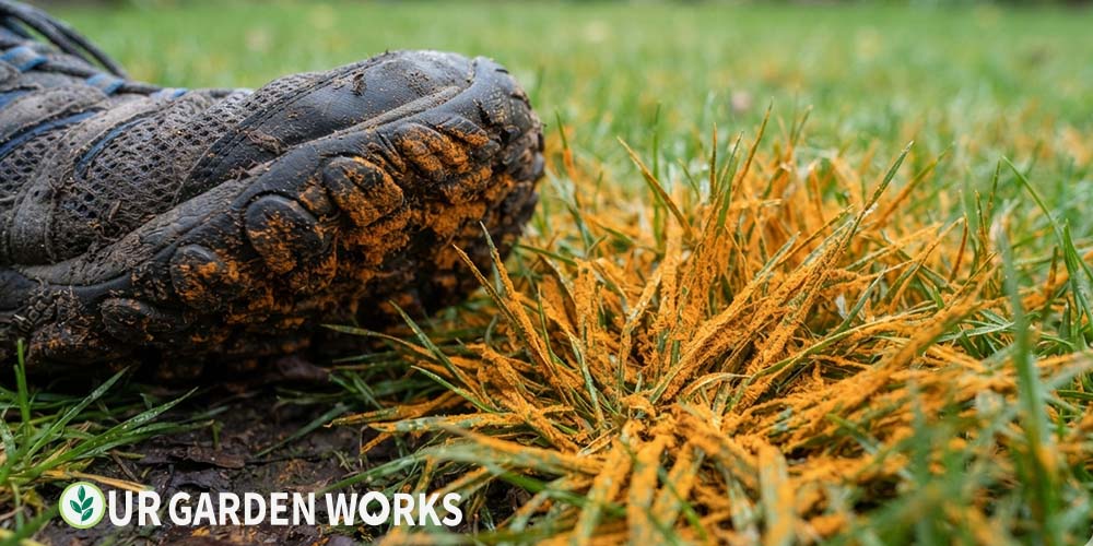 Orange rust fungus powder on grass blades and shoe residue