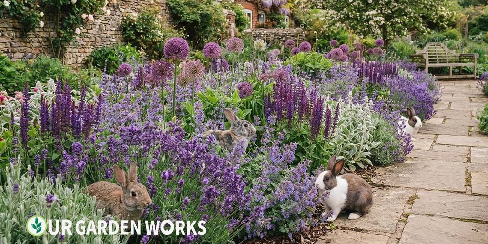 Plants rabbits won't eat — rabbit-resistant garden border featuring lavender, catmint, salvia, and ornamental alliums