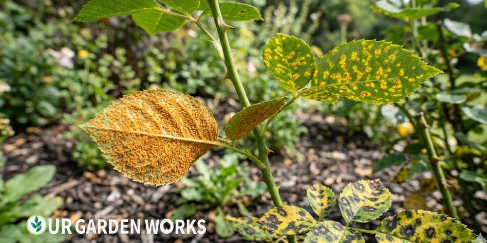 Rust on rose leaves — orange powdery pustules on leaf underside